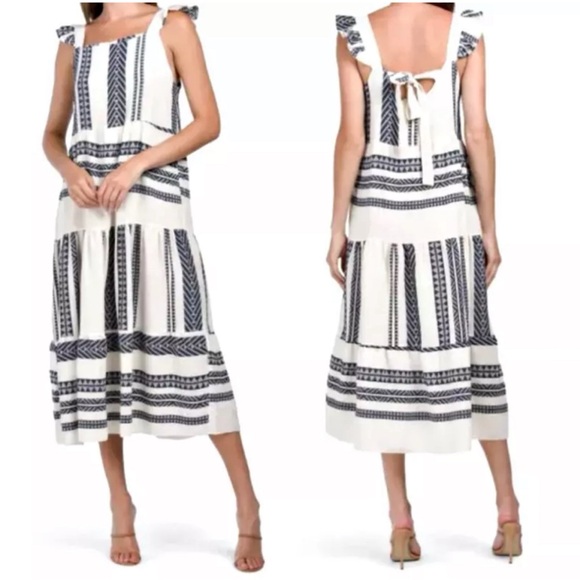 Caterina Ricci Dress Navy Blue & White Ruffle Tie Back Sleeveless Dress Medium - Picture 1 of 12